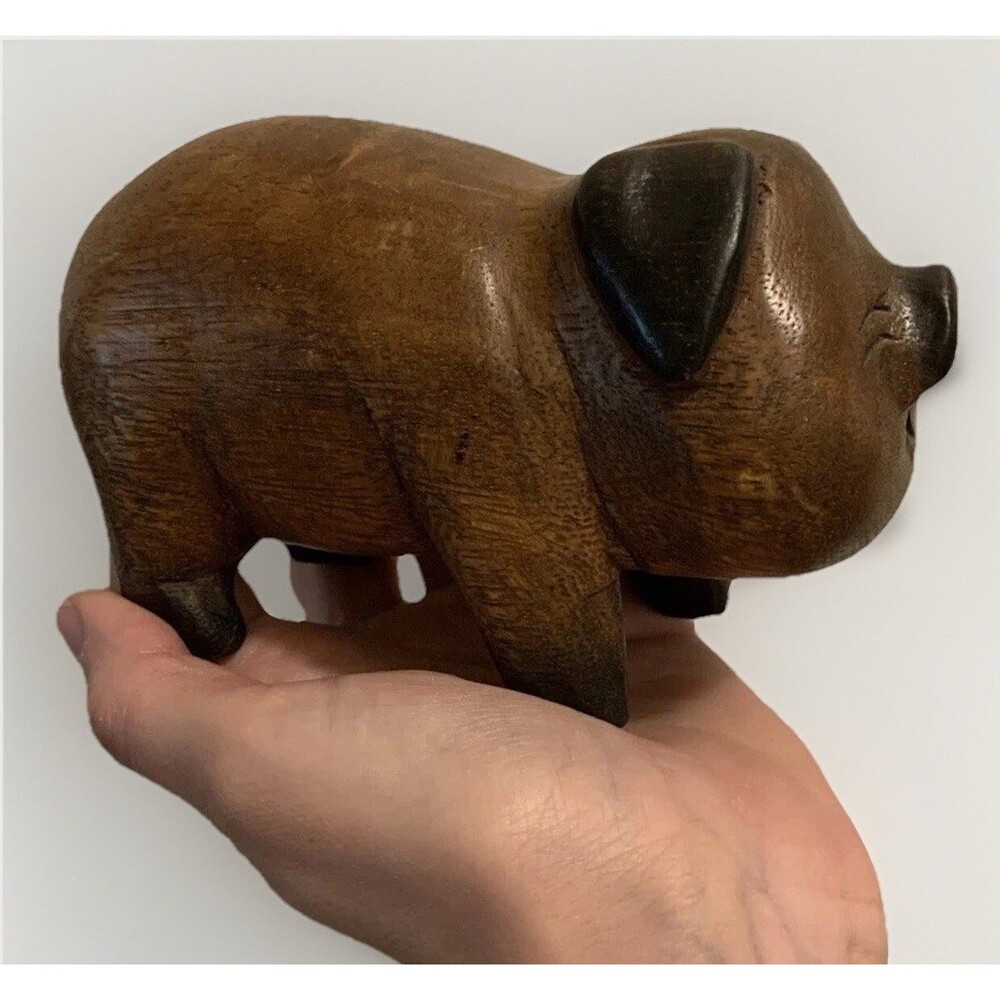 Vintage Hand-Carved Wood Chinese Smiling Good Luck Pig